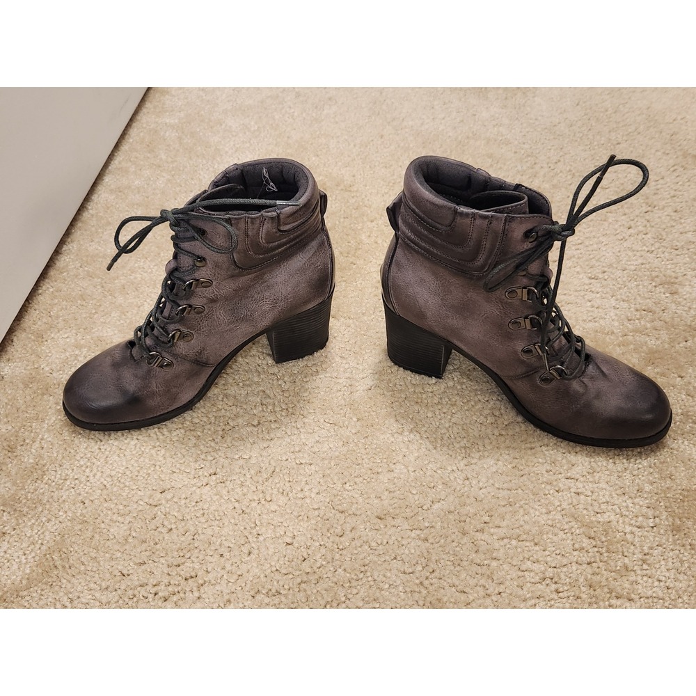 London Rag Gray Lace Up Ankle Boots Block Heel Hiker Style Booties Size 8.5